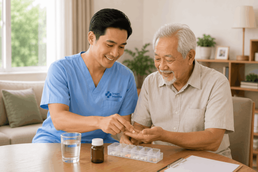 Caregiver membantu lansia meminum obat